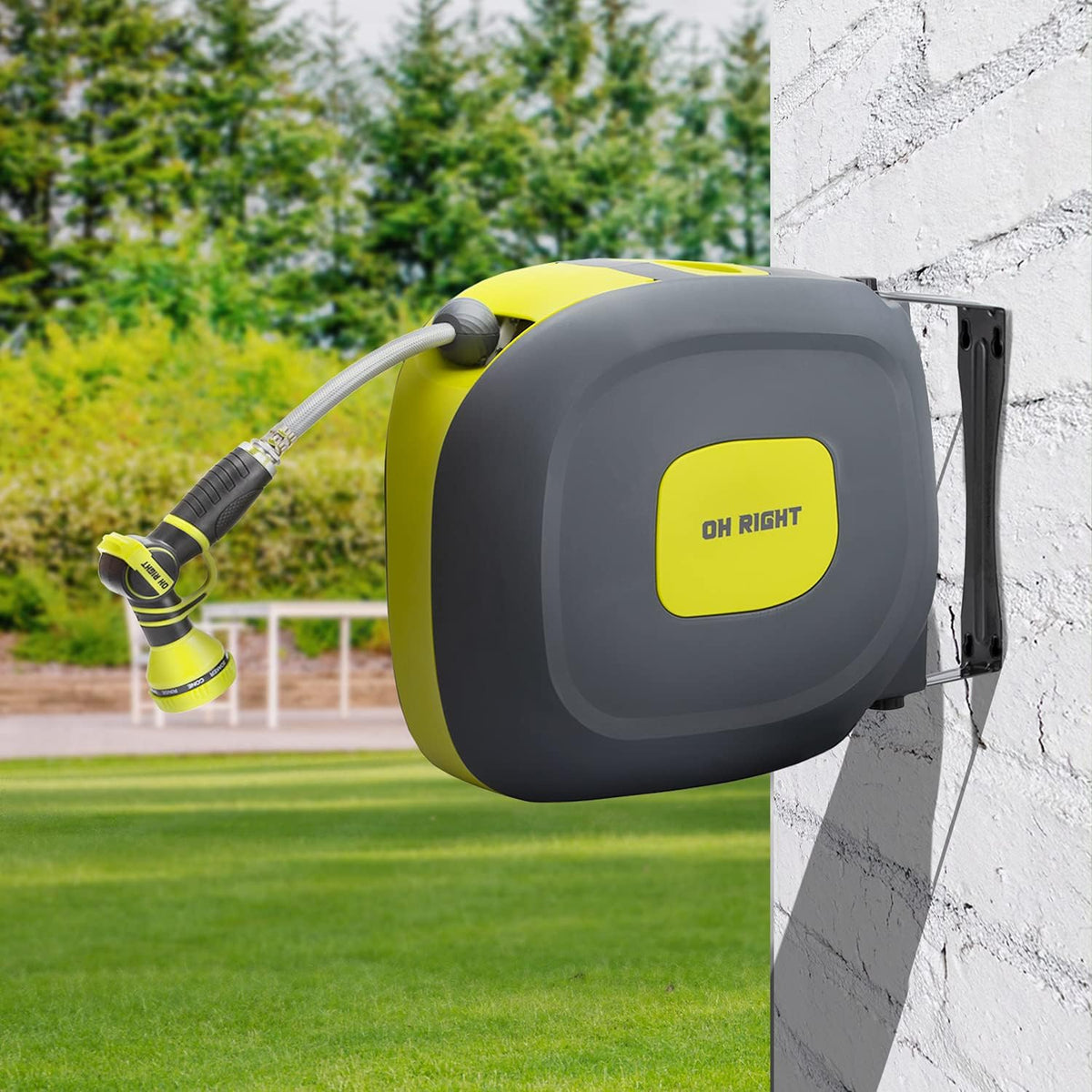 Retractable Garden Hose Reel 1/2" 115'+5' with 180° Swivel Metal Bracket, Wall Mounted Water Hose Reel with 9 Pattern Nozzle K91943