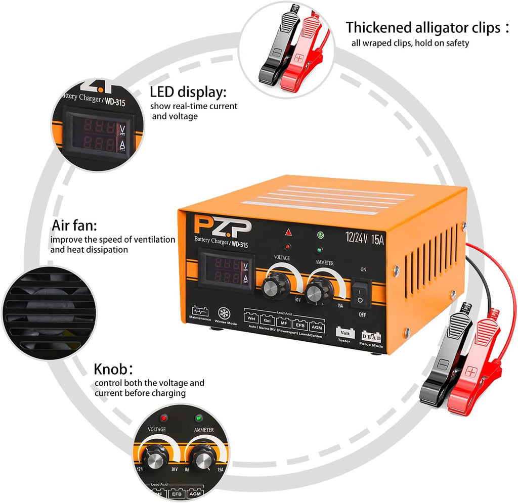 15-Amp Automotive Car Battery Charger and Maintainer H94141