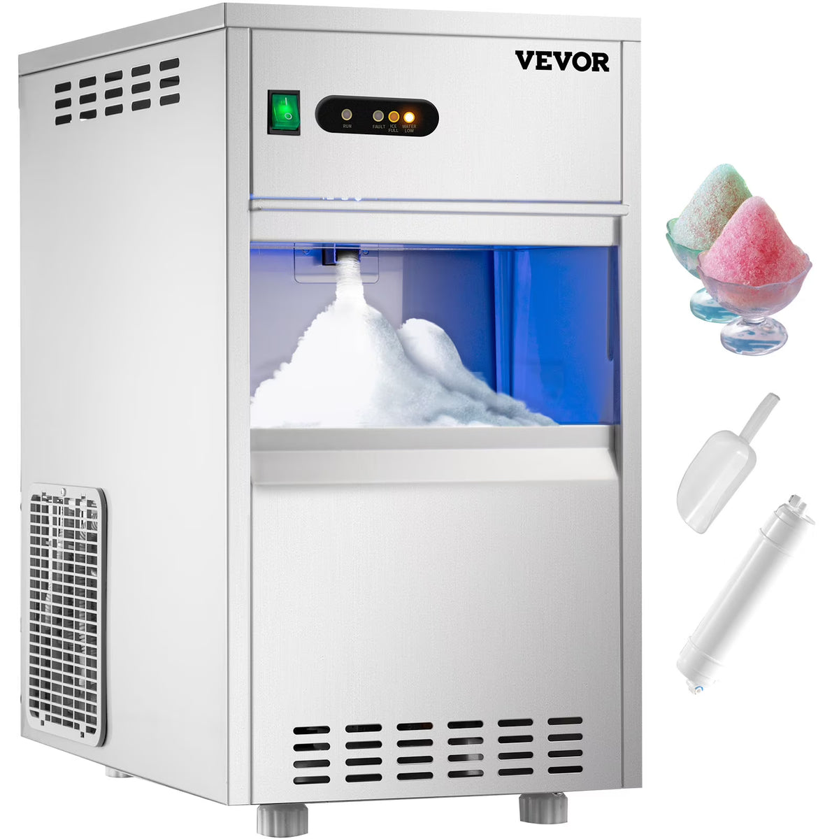 110V Commercial Snowflake Ice Maker 55lbs/24h, Food Grade Stainless Steel, Automatic Operation, Free Standing, Water Filter and Spoon G3292