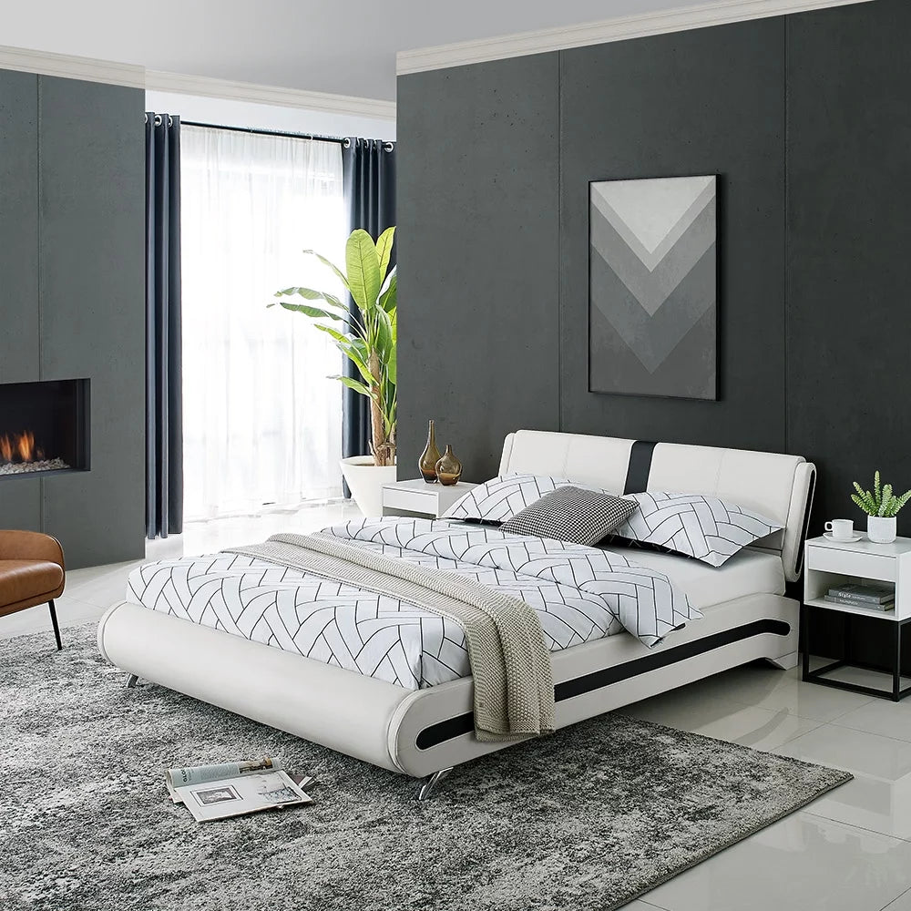 Queen White Platform Bedroom Set with Striped Headboard W96563