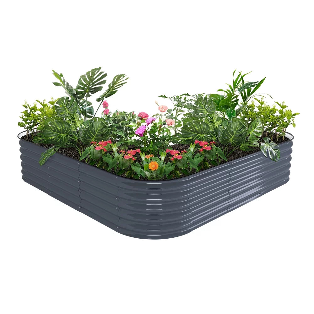 17" Tall L-Shaped Modular Corrugated Metal Raised Garden Beds Grey Z2301