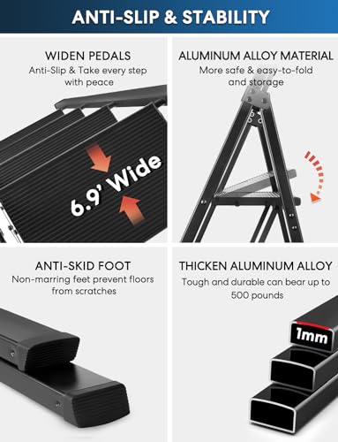 4 Step Ladder, Lightweight Portable Folding with Anti-Slip Wide Pedal, 330lb Capacity Aluminum, Black Z778994