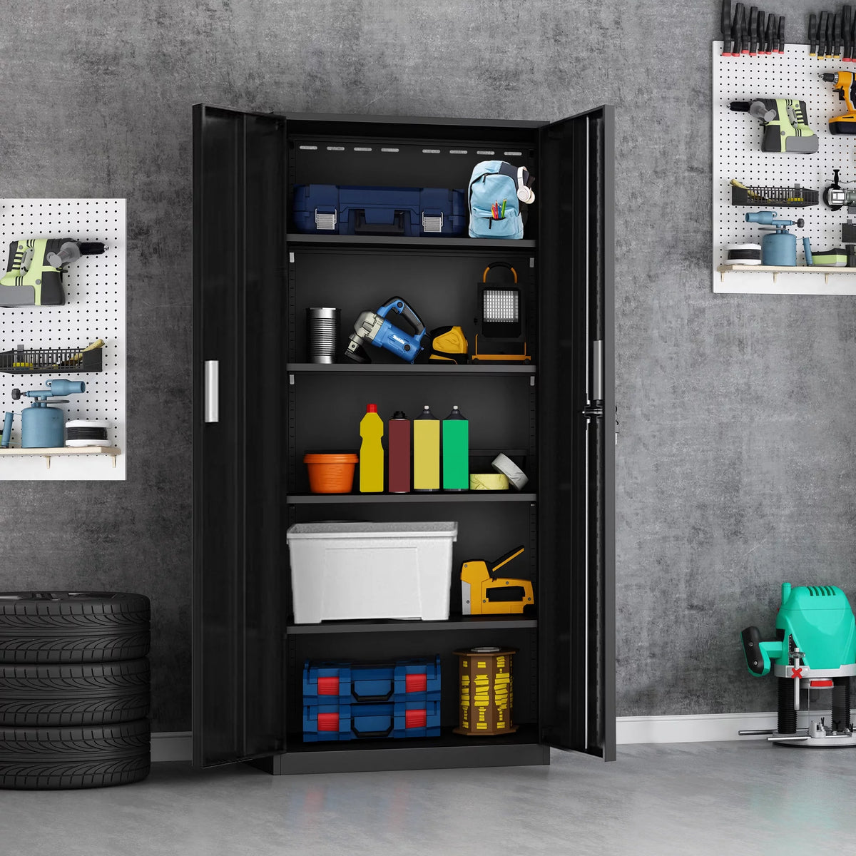 Tall Metal Storage Garage Cabinets with Locking Doors and 4 Adjustable Shelves S357741