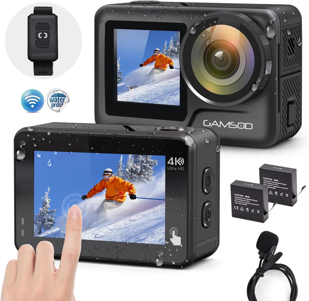 4K 60FPS Waterproof Action Camera with Stabilization, WiFi, Dual Screen, 2 Batteries N5616
