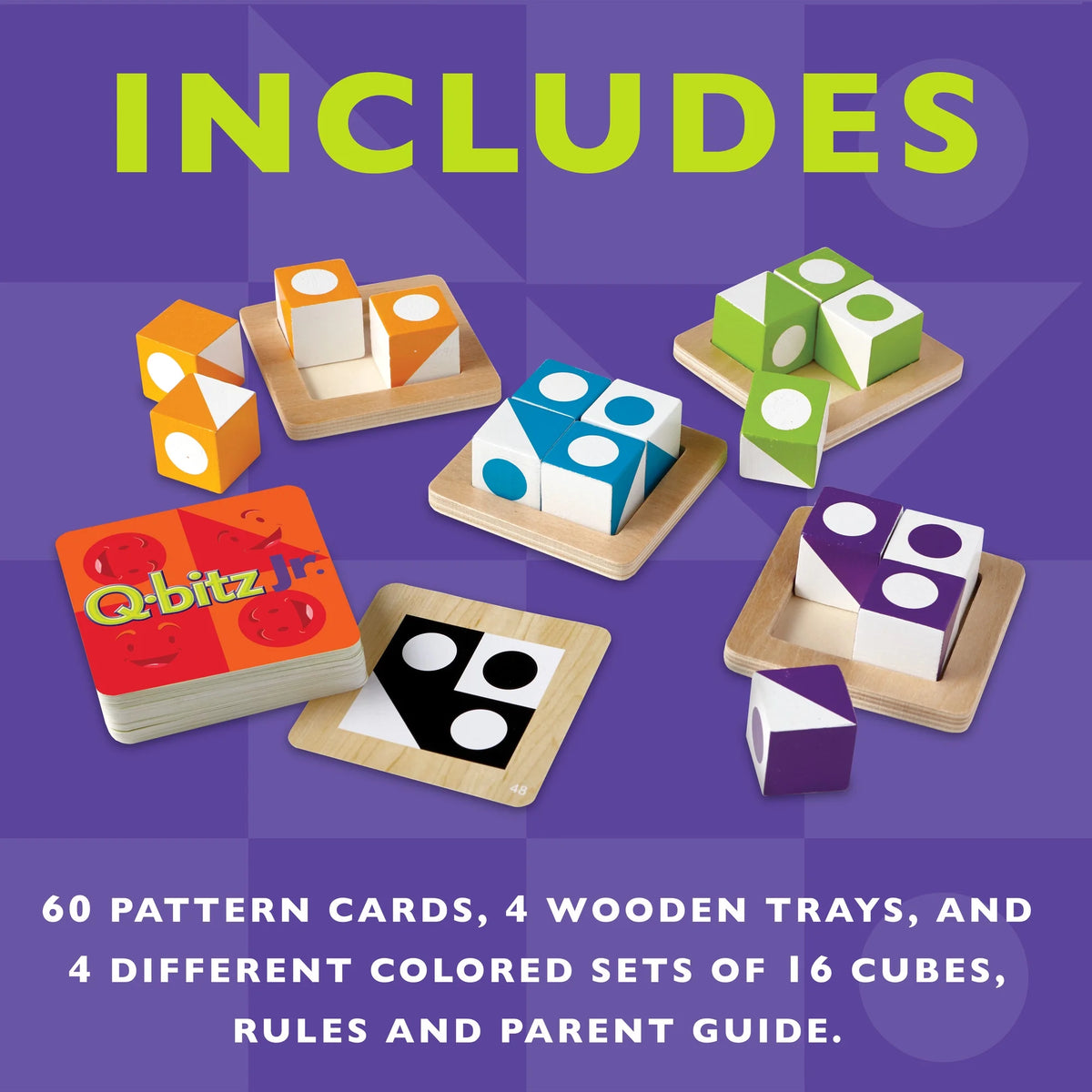 Q-bitz Jr. Game - 60 Pattern Cards, 4 Wooden Cube & Tray Sets X614671