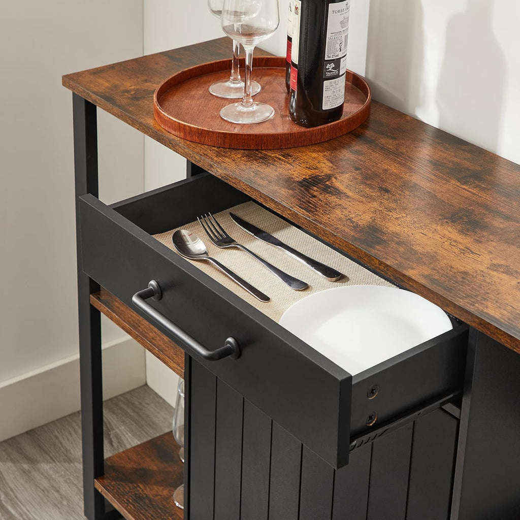 Rustic Brown and Black Steel Frame Buffet Cabinet with Drawer and Shelves A1748