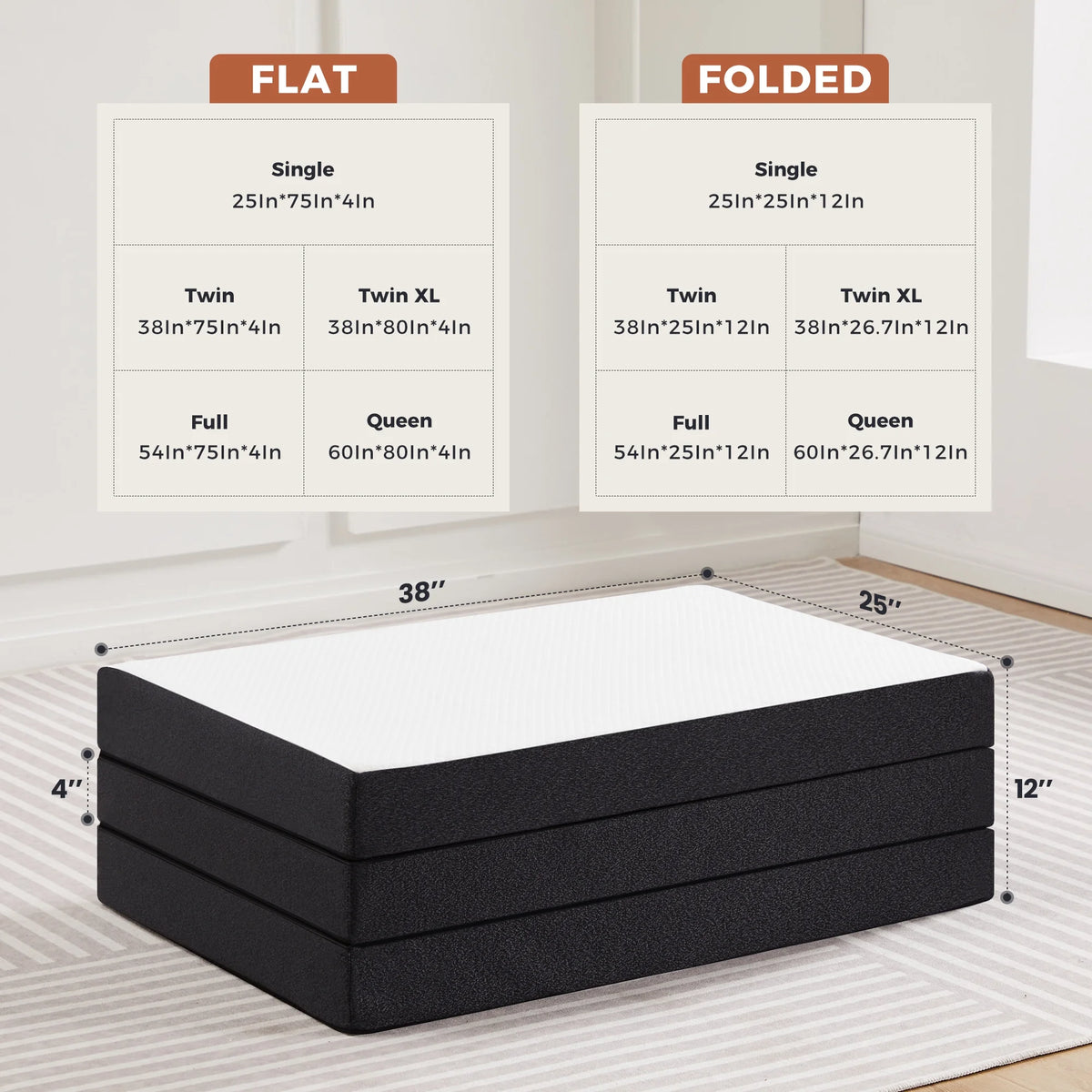 4 inch Tri-fold Memory Foam Mattress Topper, Twin Size, White Q1405