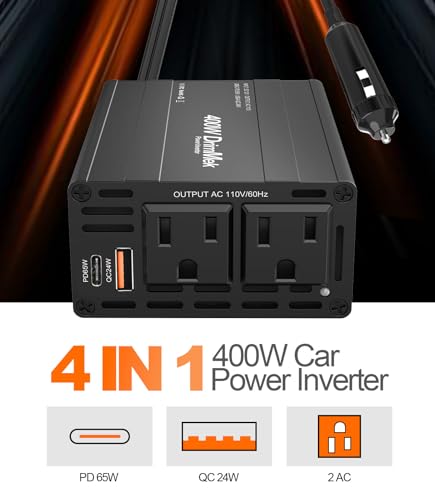 400W Car Power Inverter Dual DC 12V to 110V AC USB C 65W H38888